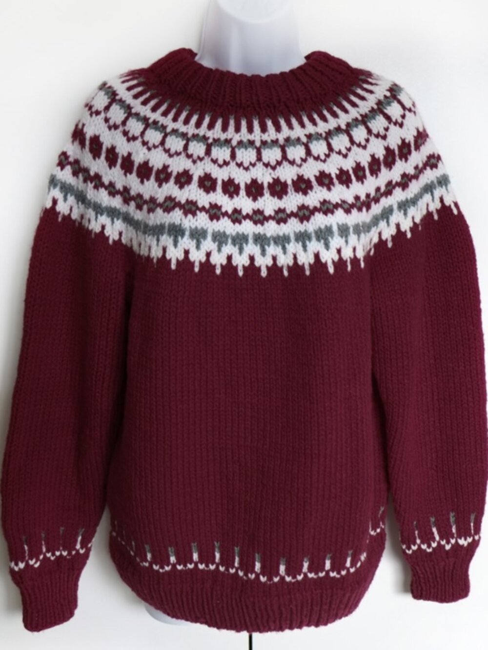 Hand knit 100% wool Icelandic Lopi sweater burgundy/white/grey